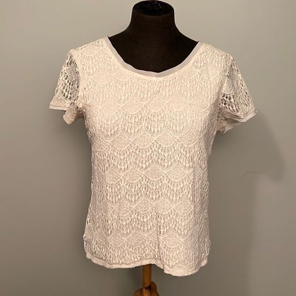 Verve Ami White Short Sleeve Lace Overlay Top - Picture 1 of 7
